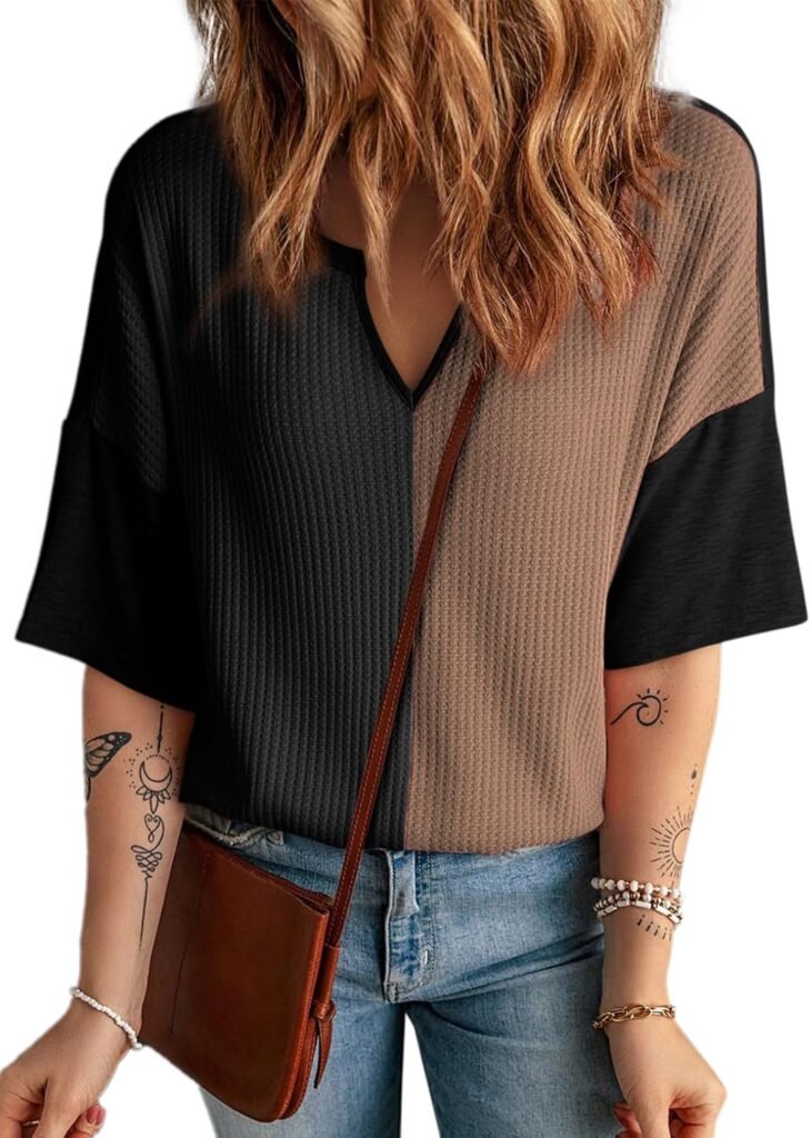 Dokotoo Womens Summer Tops Fashion 2025 Half Sleeve Fluffy Touch Waffle Knit Shirts Casual V Neck Colorblock Patchwork Blouse